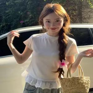 레이스 장식 슬림핏 반팔 티셔츠 레이어드 스타일 zfR2+7bYE