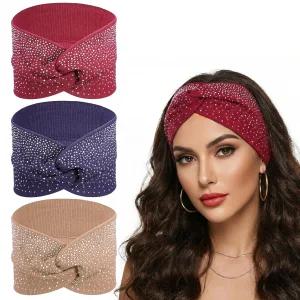 여성용 슬리버듀 라인스톤 머리띠 반짝이는 크리스탈 와이드 블링 팬시 머리 스카프 터번 스트레치