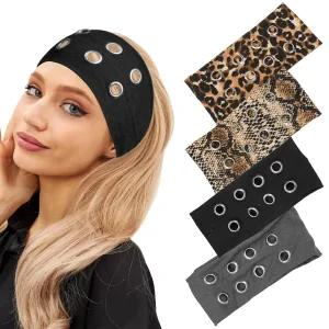 4팩 Y2K 펑크 중공 메탈 머리띠 - 그롬트 아일렛 디자인의 와이드 헤어밴드 레오파드 프린트 엘라스틱 밴드
