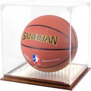 LED 조명이 있는 아크릴 투명 농구 디스플레이 케이스 UV 보호 스탠드 박스 솔리드 우드 베이스 사인 볼 및