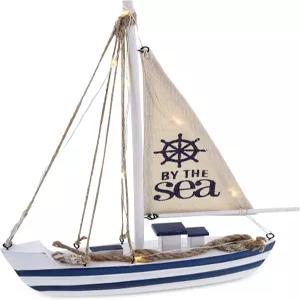 CoTa Global 오션 블루 바다 보트 LED 조명 포함 - 수제 나무 장식 비치 스타일 모델 돛단배 해양 테마