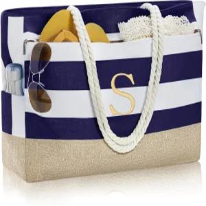 YOOLLIFE 대형 이니셜 비치백 방수 토트 지퍼백 생일 여행 해변 필수품 여성을 위한 맞춤형 선물