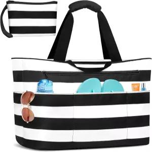 BKNOU 초대형 비치백 방수 샌드프루프 XL 비치 토트백 여성용 지퍼 접이식 수영장 가방 젖은 포켓 포함