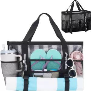 여성용 WANDF 메쉬 비치백 40온스 텀블러 사이드 포켓이 있는 대형 비치 토트백 수영 장난감 타월 크루즈