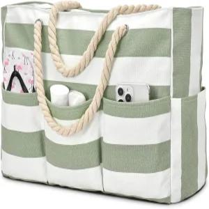 여성용 베코칸 비치백 캔버스 대형 비치 토트백 지퍼 방수 모래 방지 접이식 수영장 가방 7개 포켓 포함