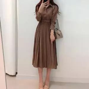 허리벨트 플리츠 카라 단추 원피스 하객 패션