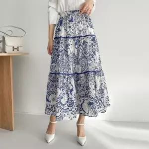 여성 플라워 패턴 밴딩 플레어 롱 스커트 후레아 치마 -WSK0184- 봄 여름