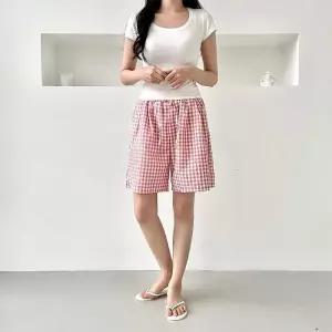 [다잇템]여자 격자 면혼방 클래식 4부 고무줄 잠옷 팬츠 (39388604A)