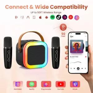 K2 블랙 휴대용 듀얼 마이크 미니 노래방 기계 무선 플레이어가 포함된 블루투스 스피커 파티 캠핑 여행 및