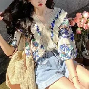 [SBD] 브라우스 여성 반팔 블라우스 여름 브이넥 프릴