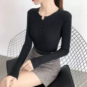 [옷은날개] 버튼 골지 니트 티셔츠 슬림핏 사계절 신축성 데일리