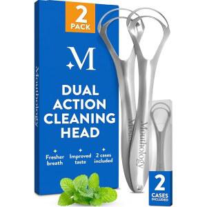 구강학 혀 스크레이퍼(2팩), 구취 감소, 금속 스크레이퍼, 클리너, 스테인리스 스틸 스크러버