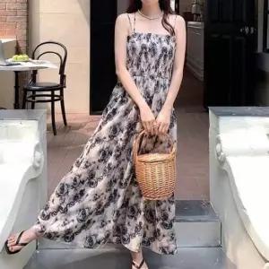 [SBD] 끈나시 롱원피스 스모크밴딩 플라워패턴 쉬폰 민소매