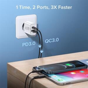 2 in 1 GaN USB C 충전기 65W 고속 충전 EU/US 플러그 벽 충전기 범용 PD + QC3.0 2포트 퀵 차지 타입 C US