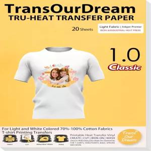 T 셔츠용 트랜소어드림 열전달 종이 20매 8.5x11 인쇄 가능 잉크젯 프린터 다리미용 비닐 Trans-1 경량 및