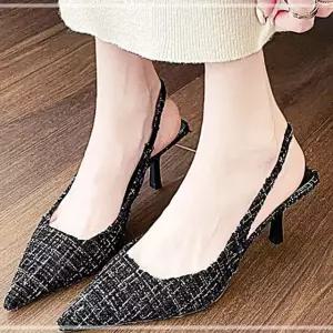 여성 소재 플랫 스틸레토 슬링백 트위드 블랙 31WDF3EA53