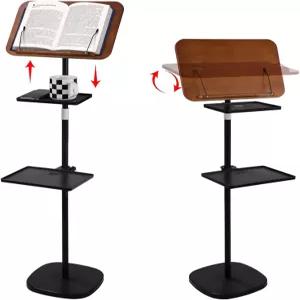 탈착식 트레이 2개가 있는 바닥 북 스탠드 침대나 소파용 조절 가능한 높이 나무 독서 악보용 음악 홀더
