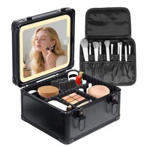 조명이 켜진 LED 미러가 있는 Yenovia 여행용 메이크업 케이스 u2013 방수 화장품 정리함, 조절 가능한 칸막이가 휴대용 트레인 케이스, 검은색
