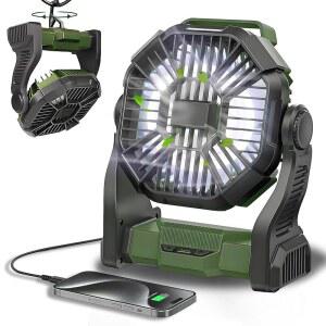 휴대용 선풍기 충전식, LED 랜턴이 장착된 25400mAh 무선 배터리 구동 선풍기, 여행용 침실 홈 캠핑 텐트 사무실 비치 데스크 낚시 테이블용 USB C 작동