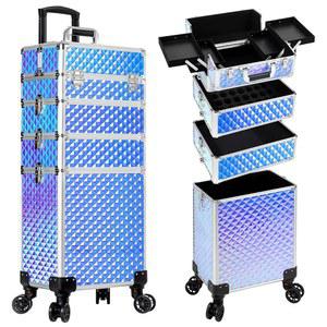 ARUS 롤링 메이크업 트레인 케이스 4 in 1 미용 케이스, 바퀴 달린 대형 수납 화장품 트롤리, 키 살롱 이발사 트래블링 카트 트렁크, 컬러풀