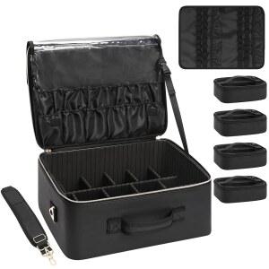 릴라벨 초대형 메이크업 백, 아티스트를 위한 전문 트레인 케이스, 4개의 작은 휴대용 가방과 브러시/립스틱 플레이트가 포함된 여행용 화장품 정리함, 조절 가능한 칸막이 및 어깨 스트랩