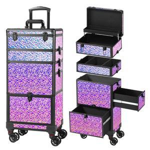 대형 서랍이 있는 갈후비스 롤링 메이크업 케이스, 트레이가 트레인 바퀴 위의 미용 여행용 케이스 주최자, 살롱 이발사 전문가, 네일, , 멀티컬러 퍼플