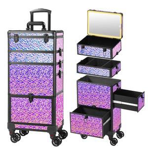 불이 켜진 거울이 있는 갈후비스 롤링 메이크업 케이스, 큰 서랍이 트레인 미용 여행 주최자, 살롱 이발사 전문가, 네일, , 멀티컬러 퍼플