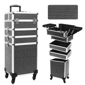 휠이 달린 장진 프로페셔널 롤링 메이크업 케이스, 5-in-1 트롤리 헤어스타일리스트를 위한 열쇠가 코스메틱 카트 여행 네일 테크(블랙 크리스탈)