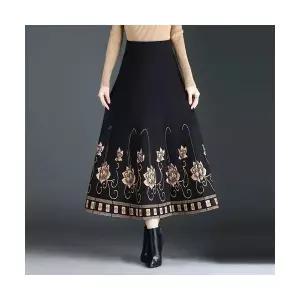 여성 트렌디 아이템 스커트 정장 모직 프린트 니트 밴딩 롱 A라인 겨울 오피스룩 HT4