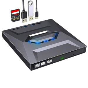MTWZMM PC 및 노트북용 외장 CD/DVD 드라이브 - SD 카드 슬롯과 3개의 USB 포트가 있는 5-in-1 C 휴대용 DVD 플레이어 Mac, Windows 11 / 10 8 7, Linux와 호환되는 고속 CD 버너