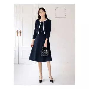 [시크라인](~XXL까지) 모니 레이어드 배색 자켓 플레어 원피스 봄 가을 하객룩 오피스룩 모임룩 격식룩