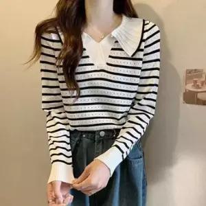 [옷은날개] 여성 긴팔 스트라이프 카라 니트티 줄무늬티