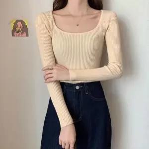 [옷은날개] 골지 무지 니트 긴팔티 U넥 슬림핏 베이직 오피스룩