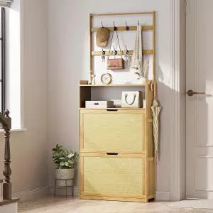 라탄 플립 서랍 2개가 있는 신발 캐비닛 대나무 보관 코트 후크가 독립형 현관 복도 옷장 거실 내추럴
