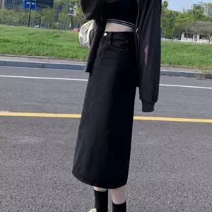여성 ？E트임 블랙 데님 A라인 허리조절 스트랩 치마 뒷트임 스커트 A스커트