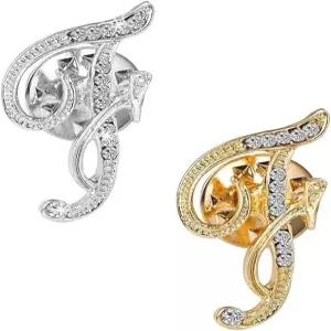 DSADKI 이니셜 레터 브로치 핀 26글자 작은 라펠 - 클리어 크리스탈 라인스톤 타이 택 이름 금과 2팩