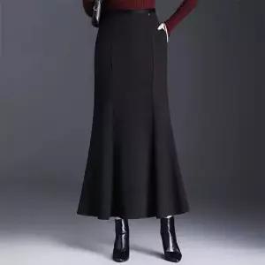 오피스룩 겨울 스커트 여성용 롱 모직 트렌디 아이템 정장 도톰 머메이드 슬림핏 밴딩 HT4
