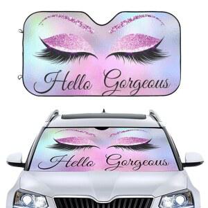 자동차 앞유리 선쉐이드, 퍼플 속눈썹 자동차, 세단, 트럭, SUV, 여성용 접이식 블록 선바이저 프로텍터 51x27.5인치 귀여운 인테리어 액세서리