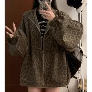 여성 가을 캐주얼 점퍼 레오파드 루즈핏 코트 복고풍 상의 슬림핏 집업 야구 원픽3