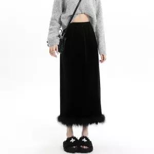 스커트 검정 롱 가을 겨울 힙업 스텝 벨벳 퍼 원 H라인 트임 여성패션 DL4