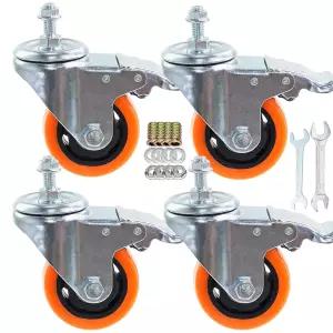 헤비 듀티 스템 캐스터 휠 M10-1.5X25mm 듀얼 잠금 소음 없는 PVC 나사식 팩 4개 3인치 주황색