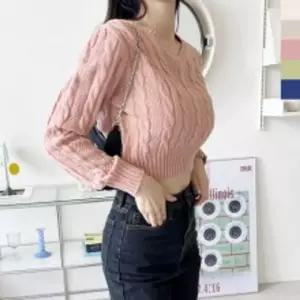 CAT 1026 여자 버킷 브이 꽈배기 크롭 니트넥니트 여성 V넥 니트