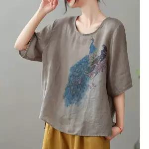 후니오 여름 라운드 루즈핏 모시 프린트티 탑 여성프린트티셔츠 린넨 무드 프린트부 앤티크 풀오버 UNO5