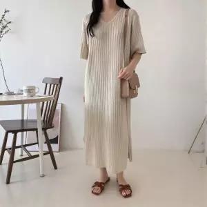 골지 브이넥 니트 빅사이즈 롱 원피스루즈핏 반팔 체형커버 데일리 홈웨어 편한여름 이지룩 무지 링클