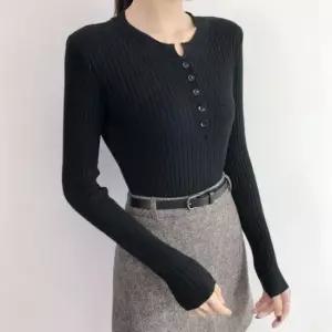 [옷은날개] 단추 포인트 골지 슬림 니트 티셔츠 데일리 캐주얼룩