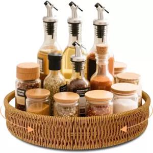 VAZINE 12인치 라탄 레이지 수잔 턴테이블 정리함 주방 카운터 커피 테이블 캐비닛 보관용 손잡이가 있는