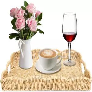 직사각형 위커 가리비 트레이 손잡이가 달린 손으로 짠 합성 라탄 서빙 현대 보호 소박한 가정 장식 또는