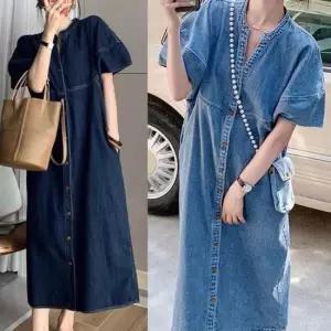 편한원피스 데님 롱원피스 앞 브이트임 가오리핏 절개 스티치