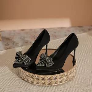 알마센 여성용 검정 슈즈 큐빅 펌프스 않는 지치지 하이힐 가보시 세무 리본 힐 단화 ADOR5