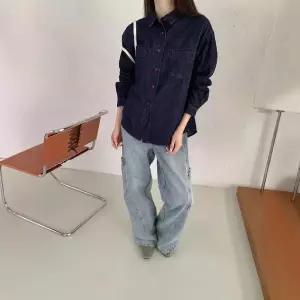 마르소 청 레드 가을 캐주얼 빈티지 여성데님셔츠 무지 셔츠 칼라 레이어드 싱글 상의 UNO3